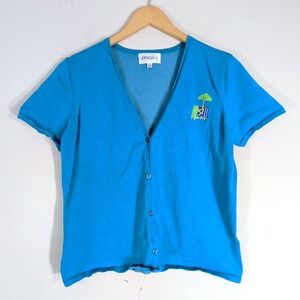 Studio I Blue Cardigan; Silk Blend Short Sleeve Beach Chair Embroidery